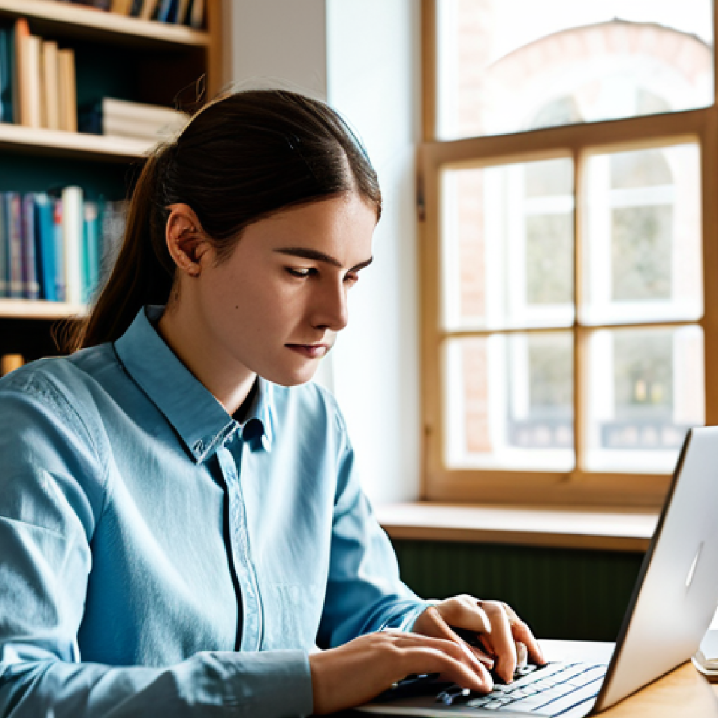 A focused university student, gender-neutral, in a comfortable yet modest long-sleeved shirt and trousers, sitting at a clean wooden desk in a modern, well-lit home study. They are interacting with a laptop, which displays digital flashcards. The student has an expression of deep concentration and quiet understanding. The background shows blurred bookshelves and a window with soft natural light. High-resolution, professional photography, clean aesthetic, fully clothed, appropriate attire, safe for work, perfect anatomy, natural pose, professional, well-formed hands, correct proportions, family-friendly content.