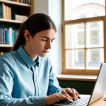 A focused university student, gender-neutral, in a comfortable yet modest long-sleeved shirt and trousers, sitting at a clean wooden desk in a modern, well-lit home study. They are interacting with a laptop, which displays digital flashcards. The student has an expression of deep concentration and quiet understanding. The background shows blurred bookshelves and a window with soft natural light. High-resolution, professional photography, clean aesthetic, fully clothed, appropriate attire, safe for work, perfect anatomy, natural pose, professional, well-formed hands, correct proportions, family-friendly content.