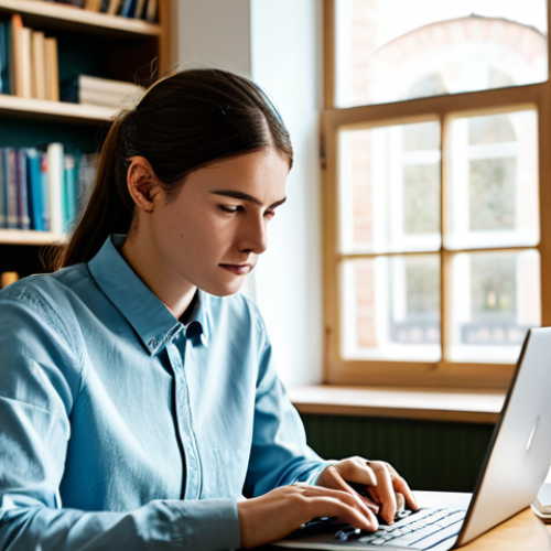 A focused university student, gender-neutral, in a comfortable yet modest long-sleeved shirt and trousers, sitting at a clean wooden desk in a modern, well-lit home study. They are interacting with a laptop, which displays digital flashcards. The student has an expression of deep concentration and quiet understanding. The background shows blurred bookshelves and a window with soft natural light. High-resolution, professional photography, clean aesthetic, fully clothed, appropriate attire, safe for work, perfect anatomy, natural pose, professional, well-formed hands, correct proportions, family-friendly content.