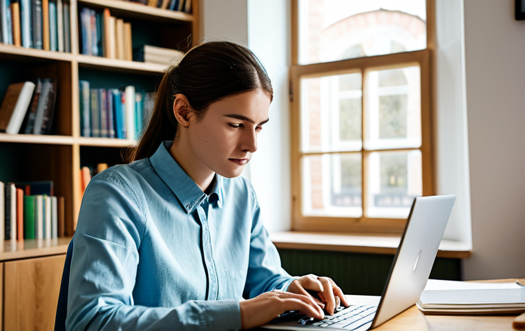 A focused university student, gender-neutral, in a comfortable yet modest long-sleeved shirt and trousers, sitting at a clean wooden desk in a modern, well-lit home study. They are interacting with a laptop, which displays digital flashcards. The student has an expression of deep concentration and quiet understanding. The background shows blurred bookshelves and a window with soft natural light. High-resolution, professional photography, clean aesthetic, fully clothed, appropriate attire, safe for work, perfect anatomy, natural pose, professional, well-formed hands, correct proportions, family-friendly content.