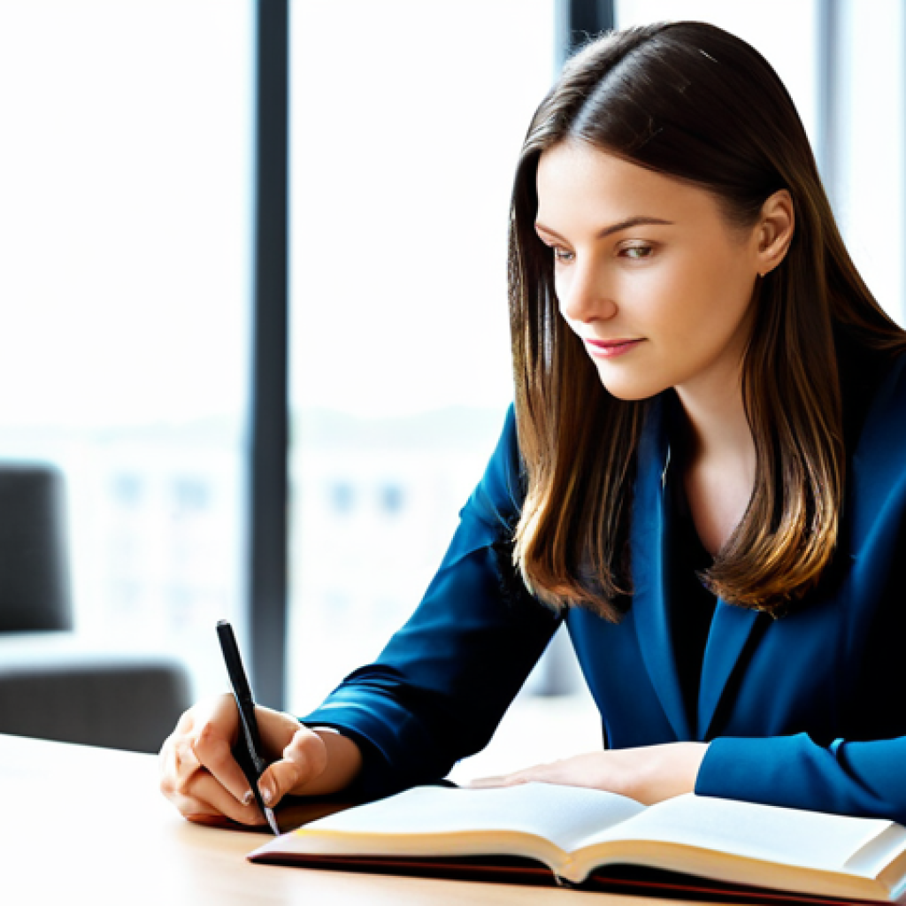 A professional, determined adult in a modest business casual outfit, sitting at a clean desk in a bright, modern study. Their gaze is focused on an open book or tablet, with a subtle, blurred overlay in the background hinting at their future travel aspirations or career success, symbolizing their intrinsic motivation and 'why'. The scene exudes an atmosphere of deep learning and inspired curiosity. Professional photography, high quality, realistic, safe for work, appropriate content, fully clothed, perfect anatomy, correct proportions, natural pose, well-formed hands, proper finger count, professional dress, family-friendly.