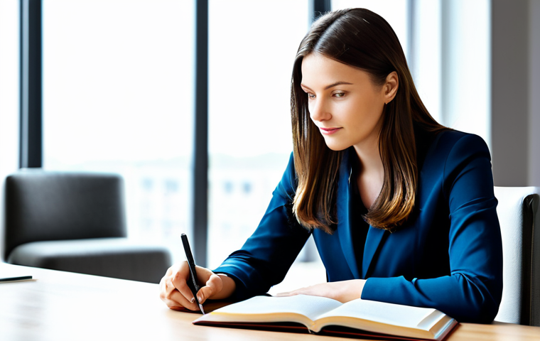A professional, determined adult in a modest business casual outfit, sitting at a clean desk in a bright, modern study. Their gaze is focused on an open book or tablet, with a subtle, blurred overlay in the background hinting at their future travel aspirations or career success, symbolizing their intrinsic motivation and 'why'. The scene exudes an atmosphere of deep learning and inspired curiosity. Professional photography, high quality, realistic, safe for work, appropriate content, fully clothed, perfect anatomy, correct proportions, natural pose, well-formed hands, proper finger count, professional dress, family-friendly.