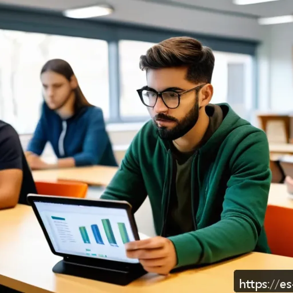 간격 반복 시스템의 데이터 분석 활용 - A modern classroom scene in a Spanish university setting, showing diverse students using laptops and...