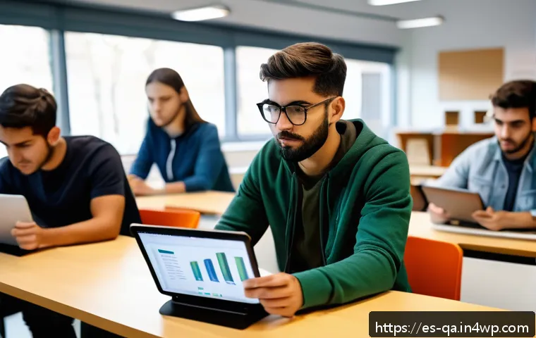 간격 반복 시스템의 데이터 분석 활용 - A modern classroom scene in a Spanish university setting, showing diverse students using laptops and...