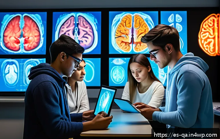 간격 반복 학습에 대한 최신 연구 동향 - A modern neuroscience classroom scene showing a diverse group of young adult students attentively st...